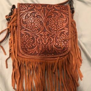Montana West Leather Tooled Crossbody with Fringe